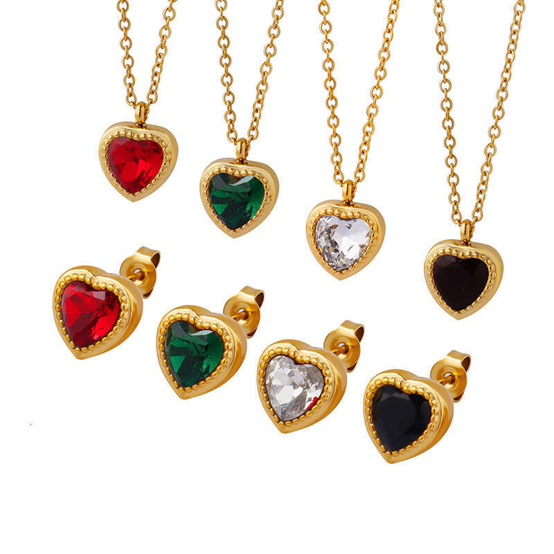 French-style New Niche Design Multi-color Zircon Inlaid Heart Pendant Necklace And Earrings Summer Jewelry Set