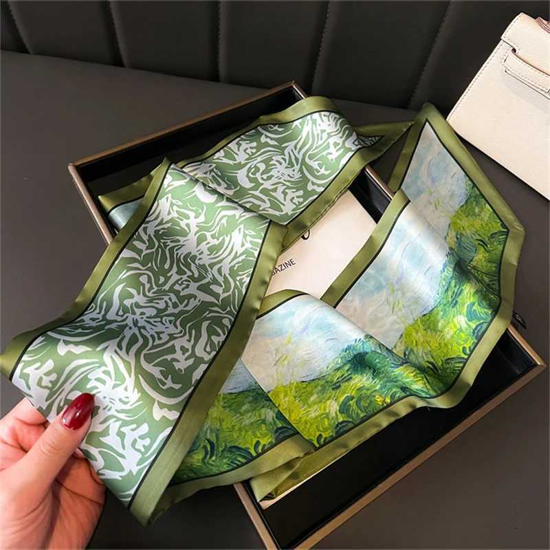 Green Woman Skinny Silk Scarf 147x14cm Long Hair Strip Silk Ribbon Small Neck Scarves Bag Handle Ribbon Kerchief Ladies Tie Z260330