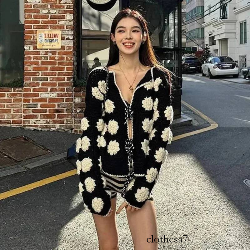 3D Knitted Cardigan Korean French Retro Small Fragrance Tied Jacket Women Outerwear Flower Collar Sweater Top New