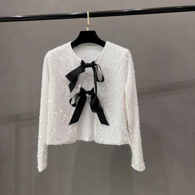European and American Style Chic Sequined Small Suit Light and Mature Style BINGBING Sequined Lace-up Bow Top JacketT260328