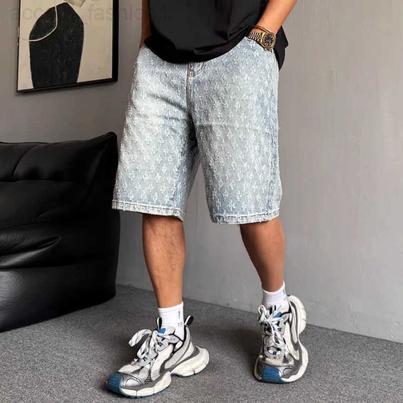 American Retro Jacquard Denim Shorts for Mens Summer Design Niche Washed Five Quarter Pants High Street Sports Pants H260330