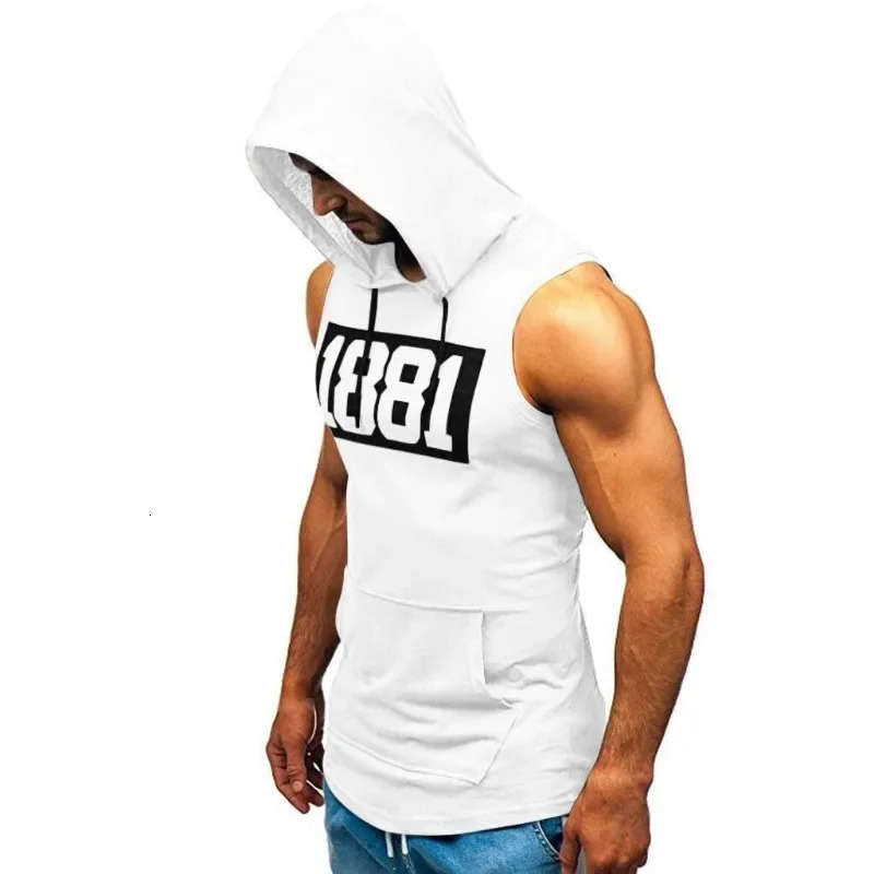 Mens Hooded Tank Tops Gym Workout Training Hoodies Sleeveless Bodybuildng Muscle Cut Off TShirt with Pocket 260312