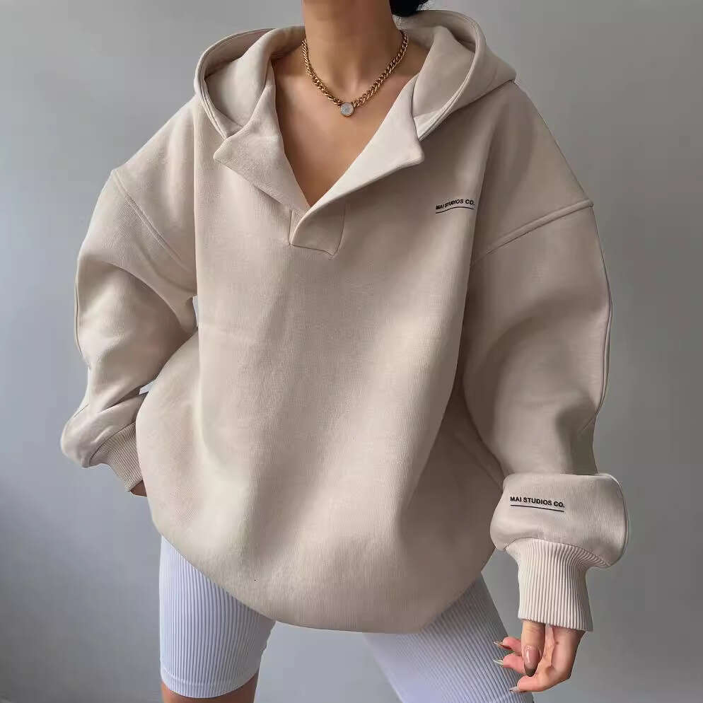 2026 European and American cross-border new style fleece-lined hooded printed long-sleeve basic versatile sweatshirt V-neck fleece shirt