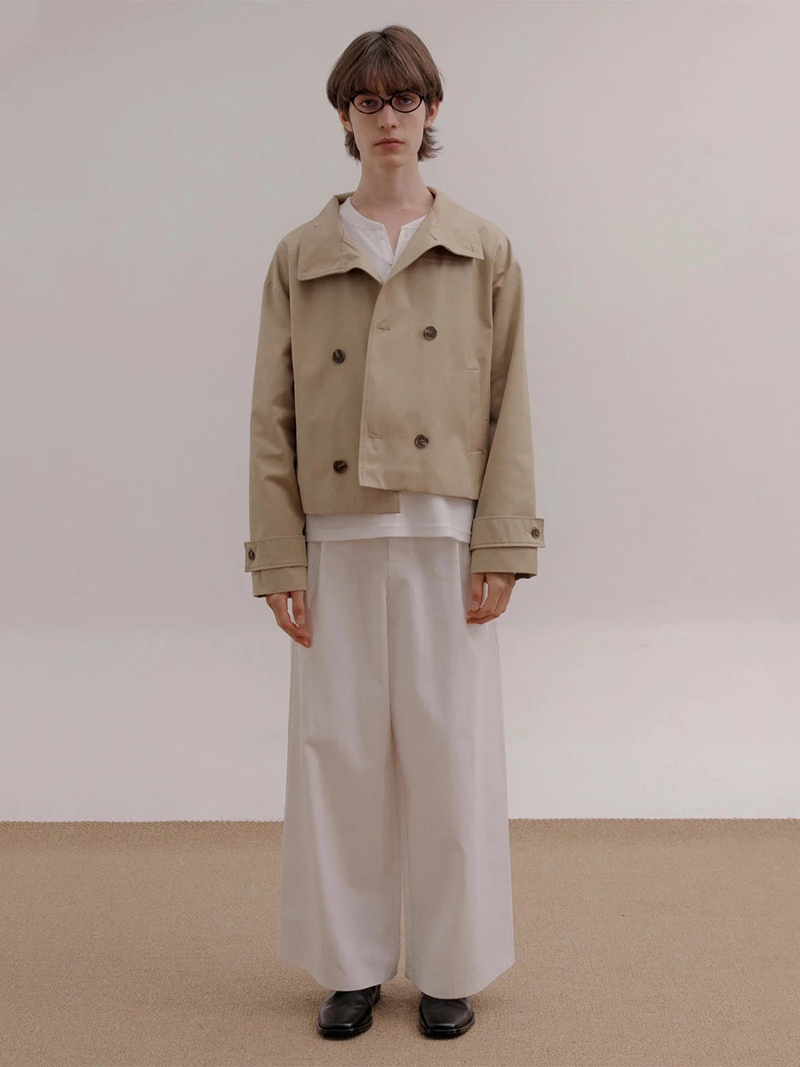 Mauroicardi Spring Autumn Khaki Short Trench Coats Man Stand Collar Double Breasted Elegant Chic Clothes 260327