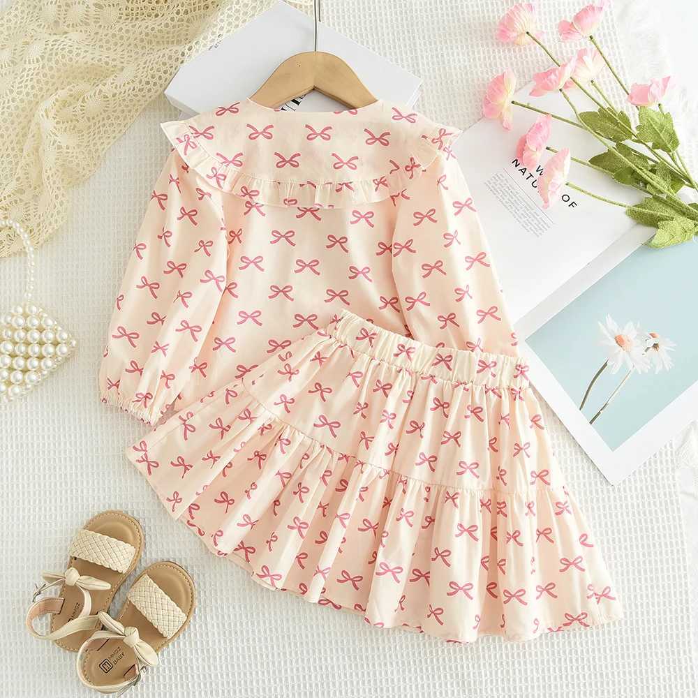 2025 New Girls Autumn Clothing Long Sleeve Flip Collar Printed Shirt Top Short Skirt Spring Fashion Casual Childrens SetT260330
