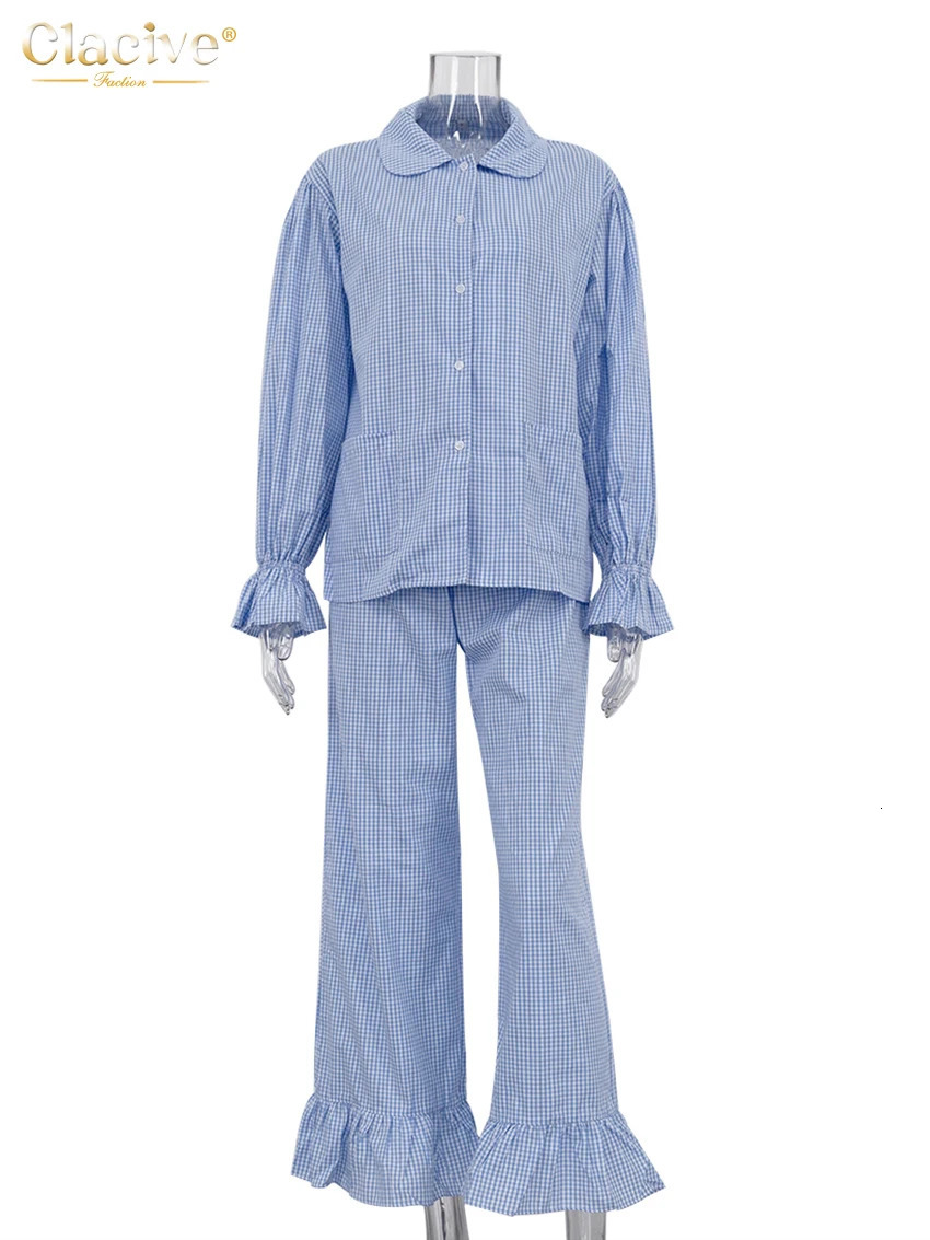 Clacive Fashion Loose Plaid Cotton Womens 3 Pieces Set Elegant Long Sleeve Shirt With High Wiast Wide Pants Set Female 260326