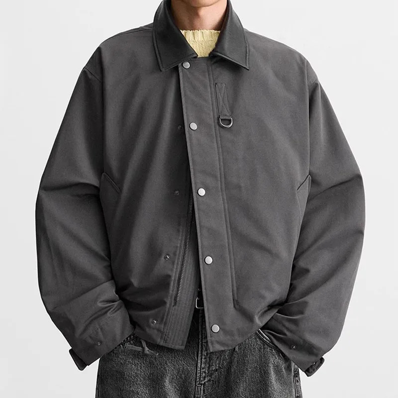 Spring Autumn Mens Patchwork Leather Collar Loose Long Sleeved Jacket Technology Fabric Coat 260327