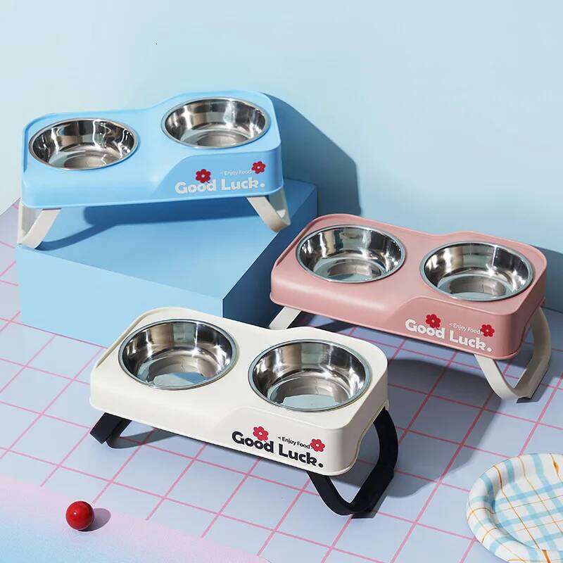 Stainless steel double-bowl elevated pet feeding bowl with non-slip foldable stand suitable for small to medium dogs and cats 26W0330
