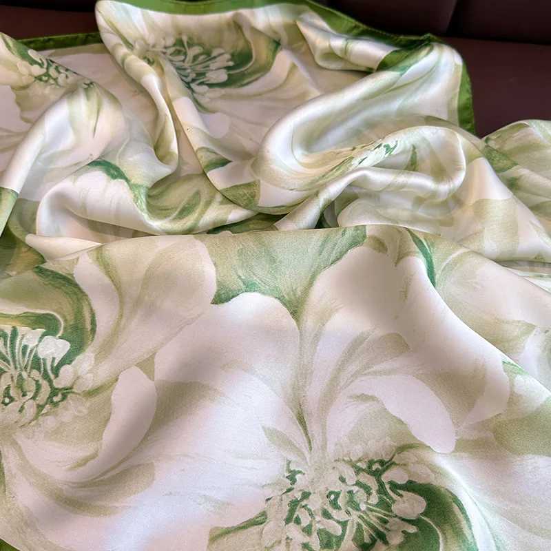 7070cm Green Floral Print Silk Square Scarf for Women Soft Head Scarves Kerchief Hairband Female Headband Hands Headscarf Hijab Z260330