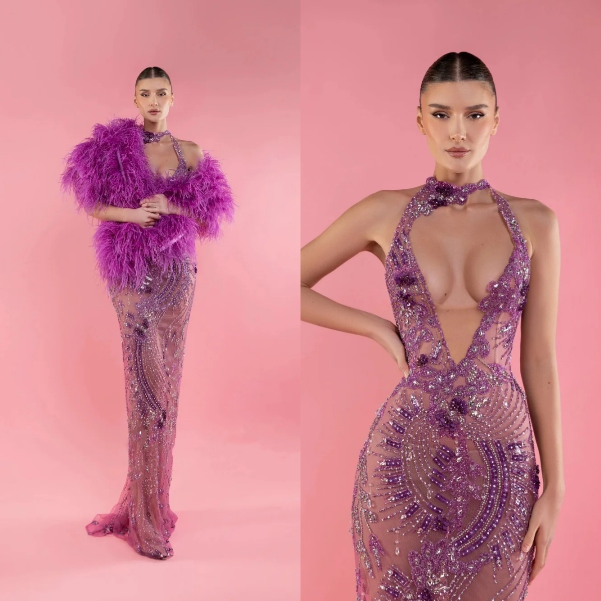 Fashion Sequins Mermaid Evening Dresses Halter Crystal Prom Dress with Feather Shawl Backless Customized Party Gown Vestidos De Noche Plus Size