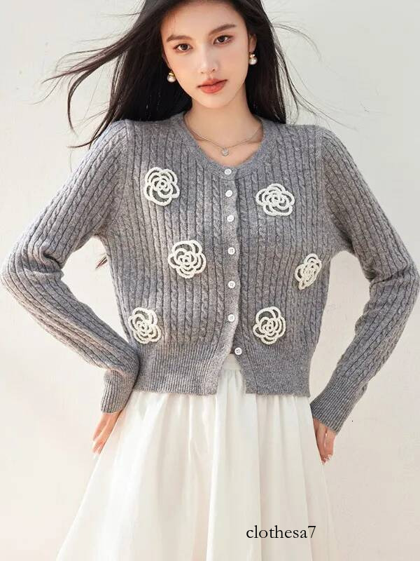 Handmade Woolen Tea Rose Casual Sweater Cardigan Women's Spring Autumn New Sle Small Fraance Knitted Top Ladylike Commute...