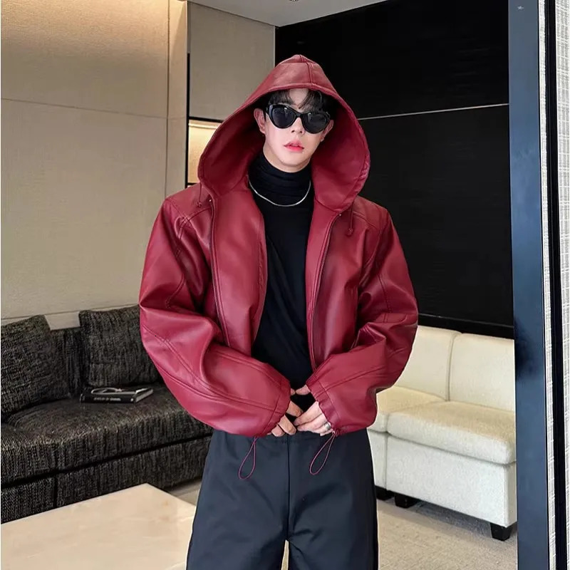 Mauroicardi Spring Autumn Short Waterproof Black Pu Leather Jacket Men Hood Zipper High Waist Loose Casual Korean Fashion 260327