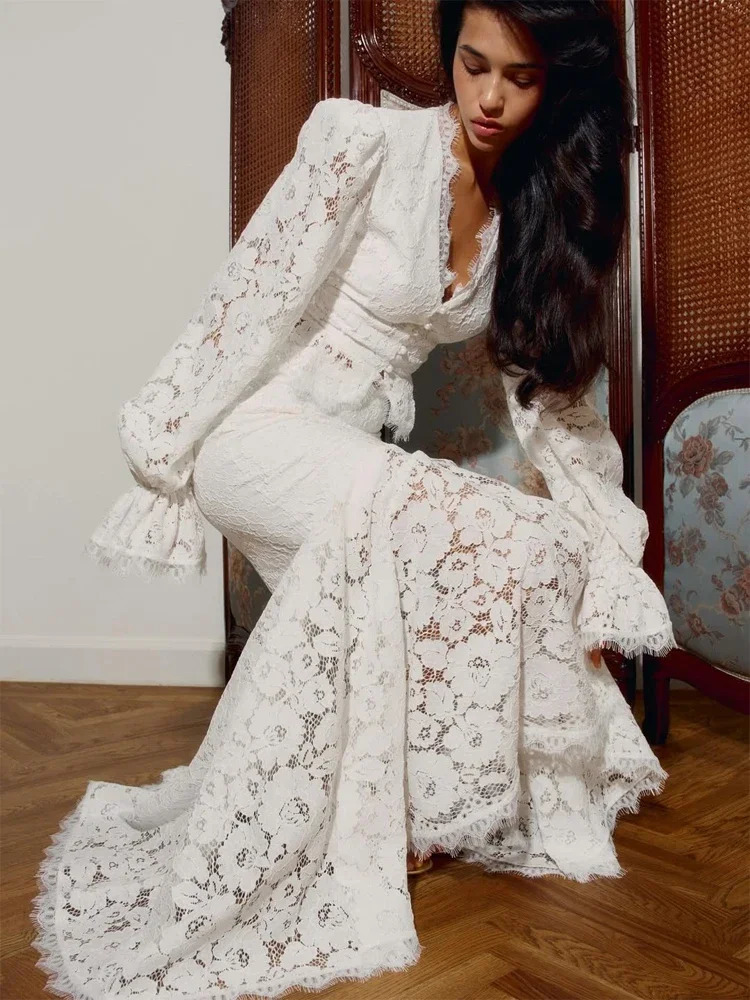 White Lace Patchwork Long Skirt Set Women Chic Full Flared Sleeves V-neck Slim Cropped Sets 2026 Lady Spring Evening Party Wear 260327