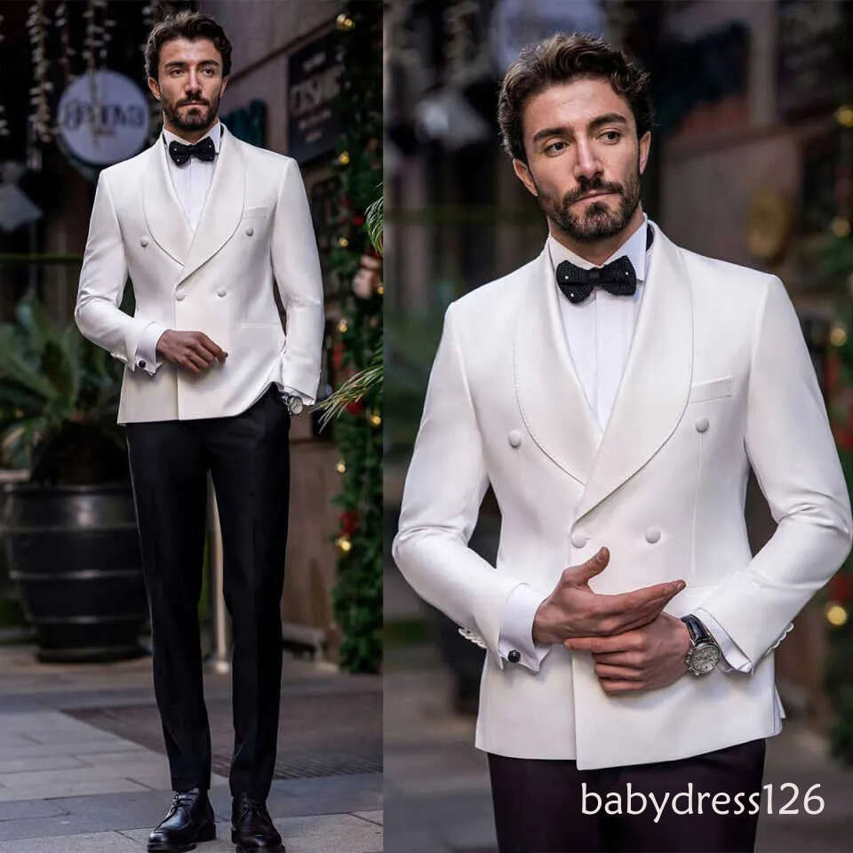 Elegant Wedding Tuxedos 2 Piece Set White Jacket Black Pants Men Suit Shawl Lapel Customized Groom Wear Party Suits ZD19