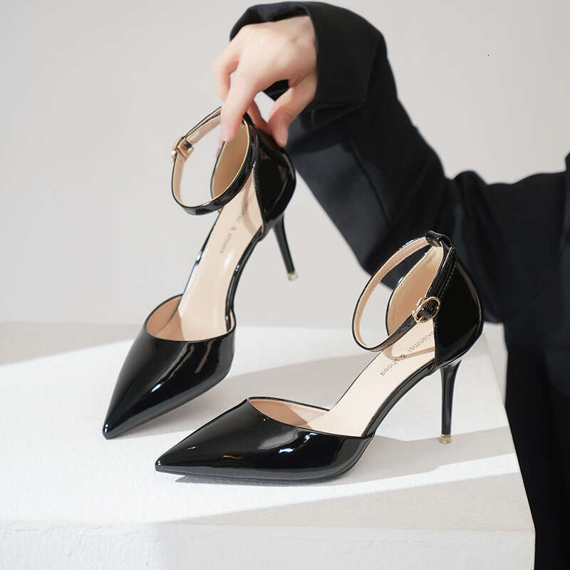 Sexy Solid Color Professional Versatile Hollow Commuting Elegant Socialite High Heels One Strap Closed Toe