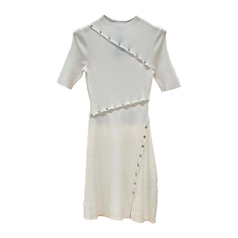 2026 Summer Designer Women's S18 New Elegant White Ribbed Waist Knitted Short Sleeve Dress