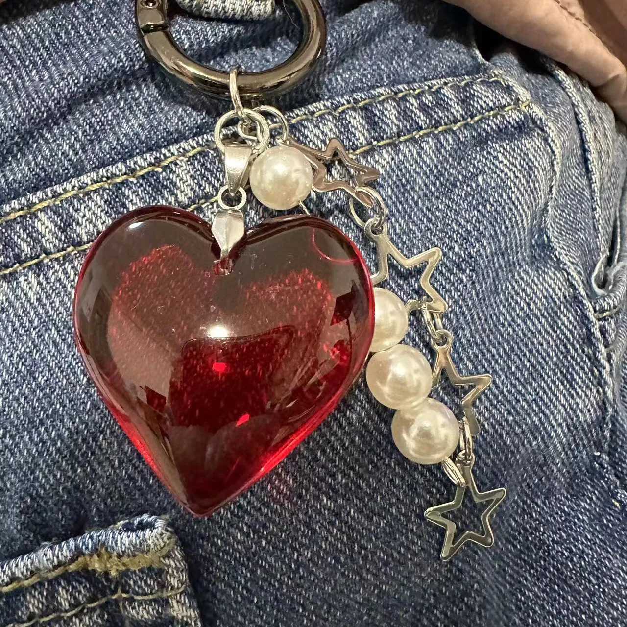 Harajuku Keychain Red Heart Star Backpack Pendant Kawaii Accessories Korean Fashion Charm Pearl Keychain Vintage Jewelry Z260330