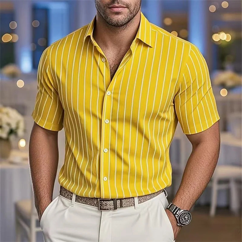 Mens Fashion Striped Loose Short Sleeve Shirt Casual Breathable Lapel Button Shirt Soft and Comfortable Festival Top 260327