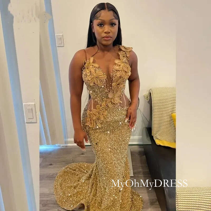 Elegant Gold Sequins Mermaid Prom Party Dresses 2024 Sheer Neck Lace Appliques Plus Size Formal Evenign Ocn Gowns D0330