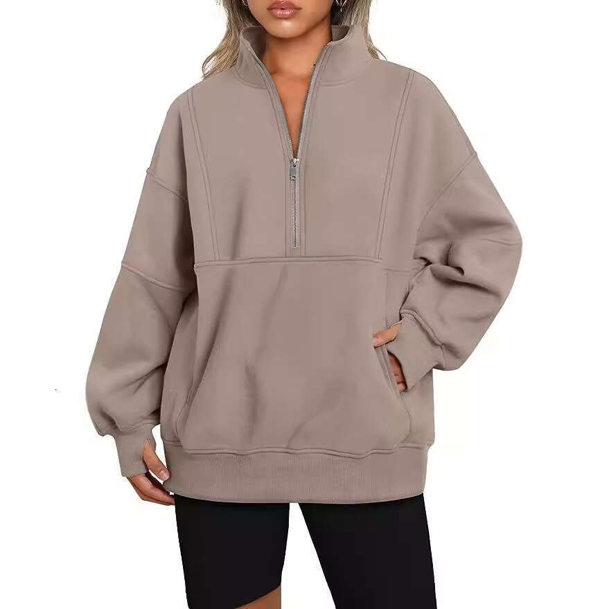 2026 European and American women's clothing, pocket half-zip loose casual patchwork stand-up collar fleece-lined sweatshirt
