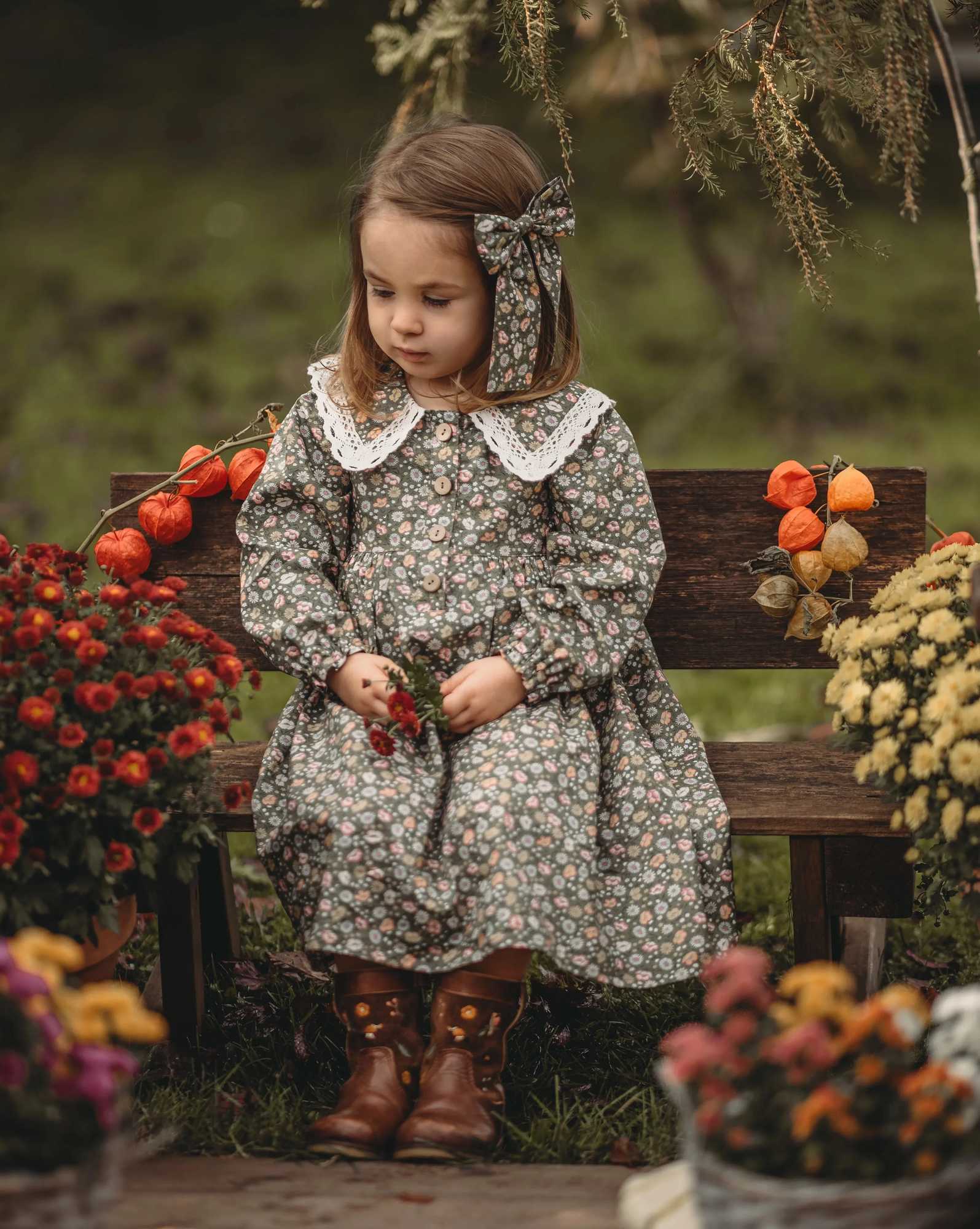 Vintage Children Dress Floral Cotton Long Sleeves Toddler Girls Elegant Dresses For 1-8YT260330