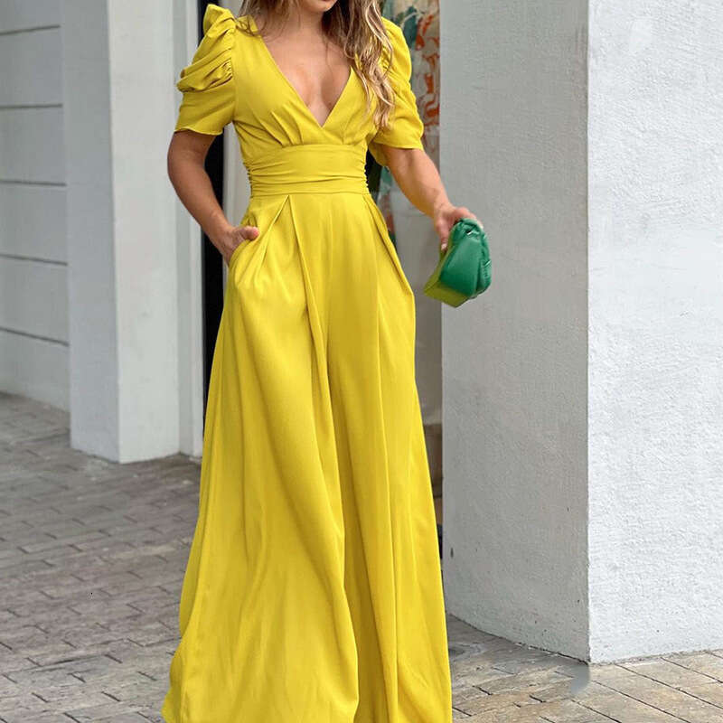 2026 Spring New Collection: Cross-Border European American Foreign Trade Women's Clothing - Fashionable and Elegant Solid Color Slim-Fit Short-Sl