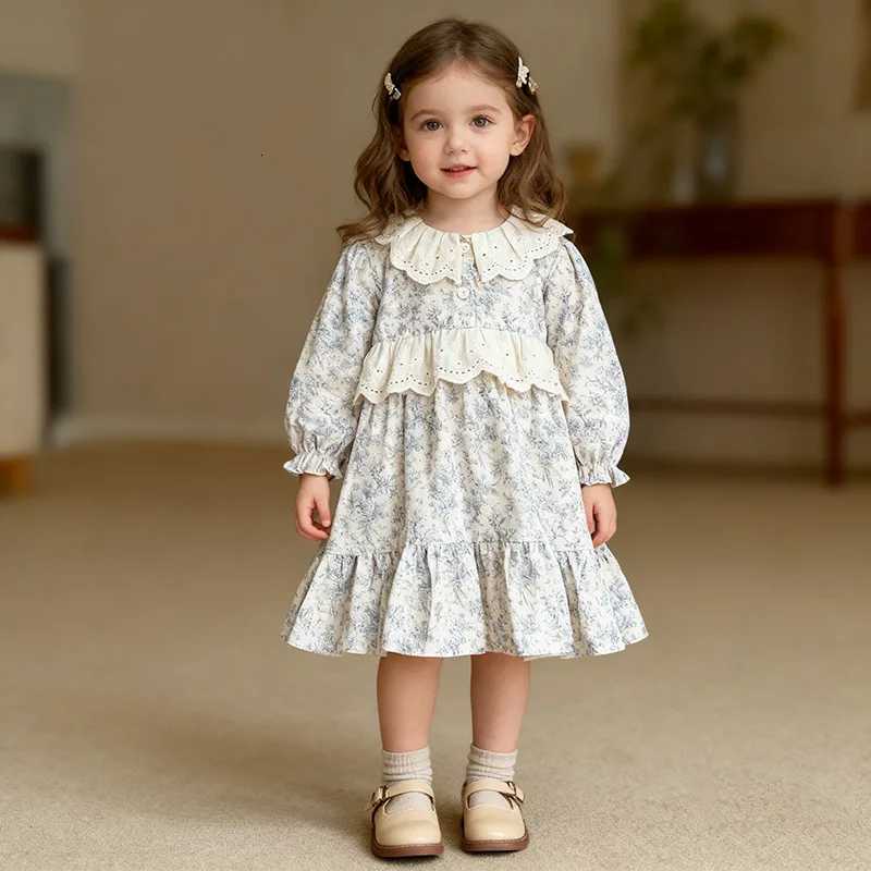 French Spring Children Girl Dress Lace Collar Infant Baby Girls Princess Dress Floral Printed Kids Girls Dress Long Sleeve DressT260330