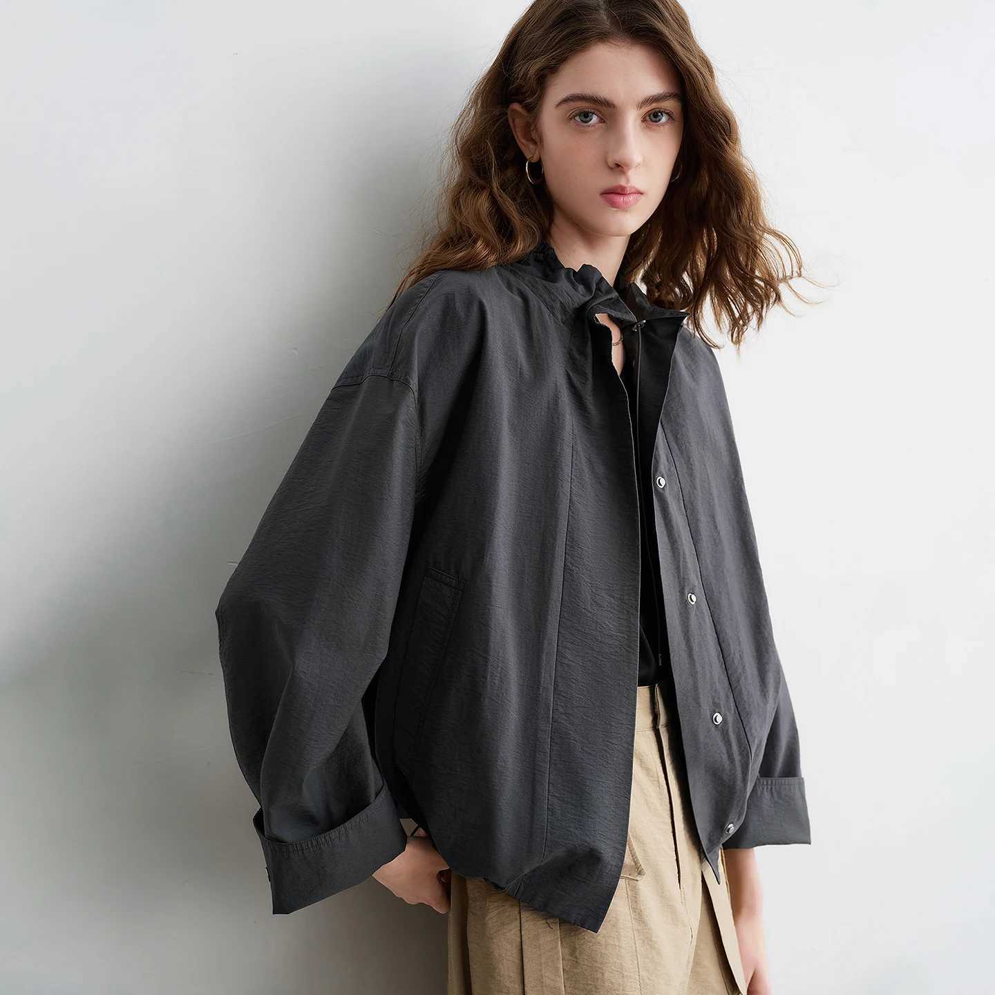 TOYOUTH Womens Wrinkle-Texture Jacket 2026 Spring New Stand-Up Collar Stiff Loose Casual Utility Style CoatT260328