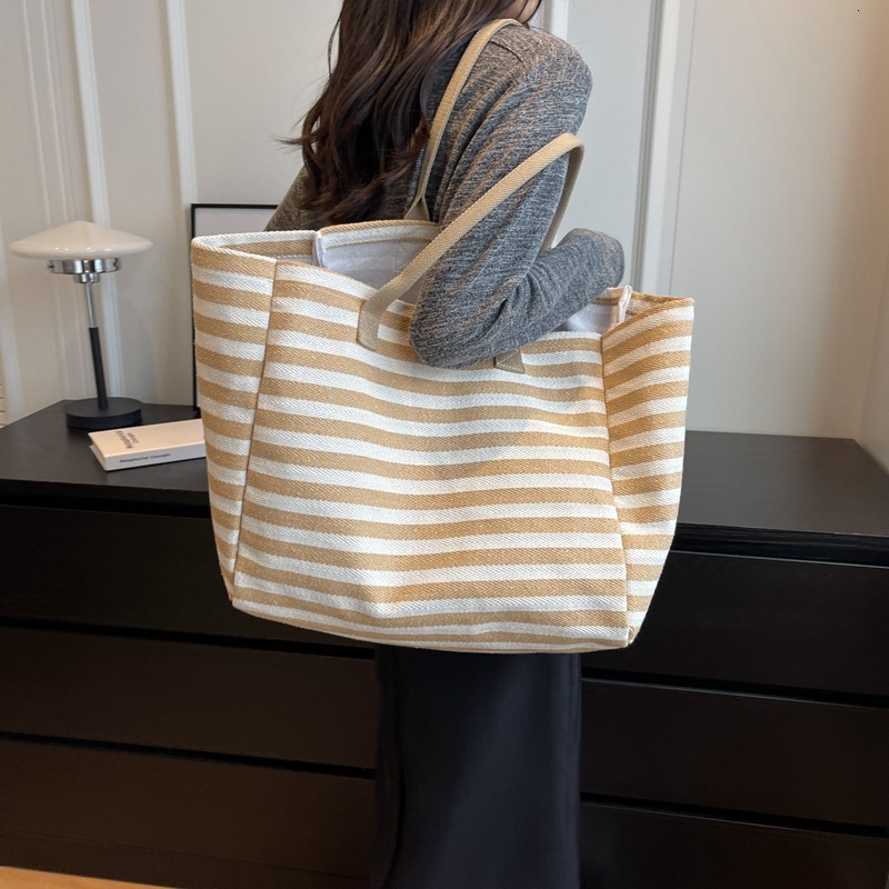 Free Shipping High Value Black and White Striped Canvas Tote Bag for Women Large Capacity Casual Shoulder Bag