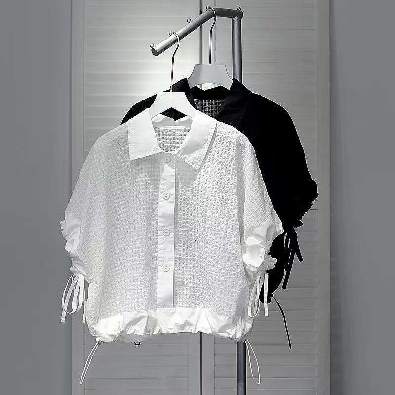 Woman Clothing T-Shirts High-Grade Short-Sleeved Women's Summer Loose Slim Drawstring Shirt Design Sense Niche Short Top