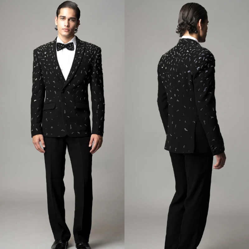 Shining Crystal Mens Suits 2 Piece Jacket Pants Peaked Lapel One Button Special Occasion Party Banquet Suits Customized Ropa Hombre