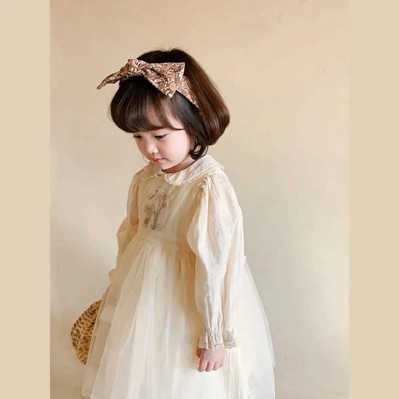 1-9Y New Baby Kid Girl Spring Summer Cream Color Kids Infant Dress Children Doll Collar Embroidered Yarn Dress Girls ClothesT260330