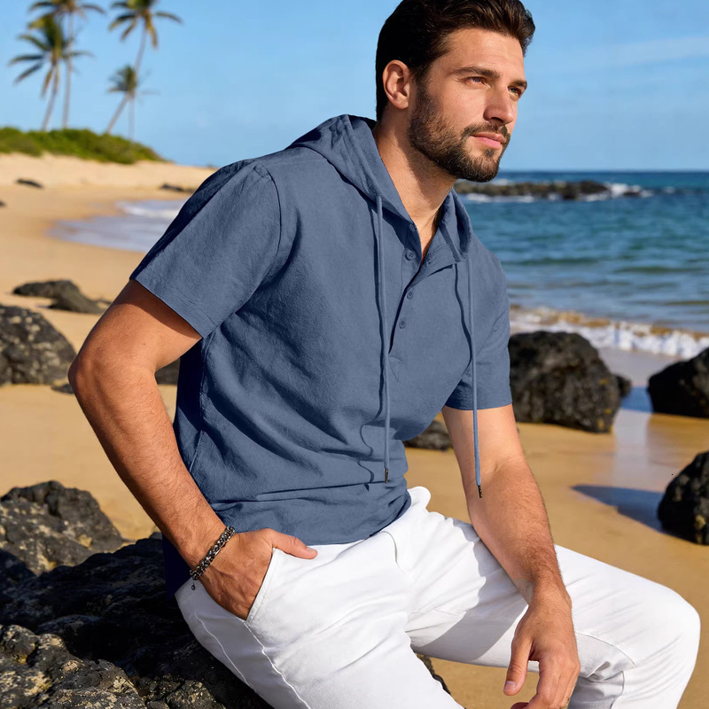 Designer t shirt mens tshirt High Quality MensT-Shirt Linen Henley Hooded T Shirt Short Sleeve Solid Color Casual Beach Wear Tee Men Clothing