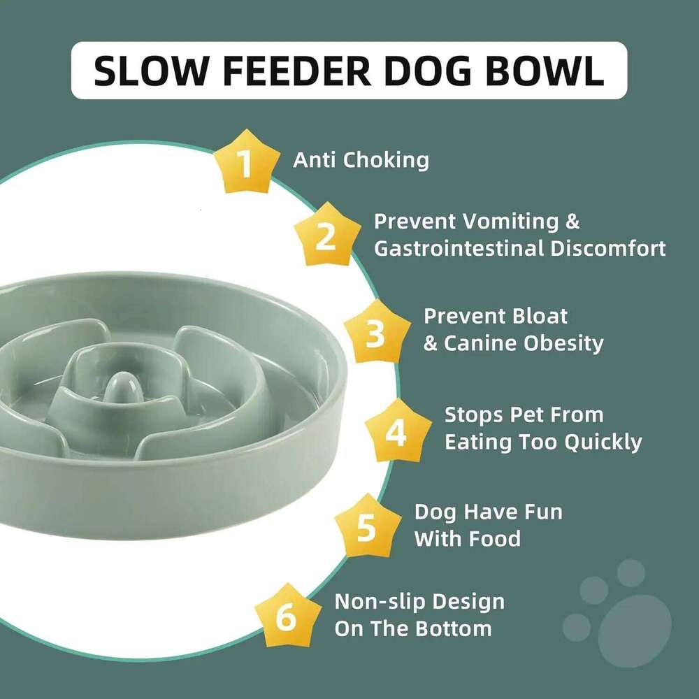 Ceramic Slow Feeder Dog Bowl for Medium/Large Breeds, Anti-Gulping Dish to Prevent Bloat and Choking, Light Green 26W0330
