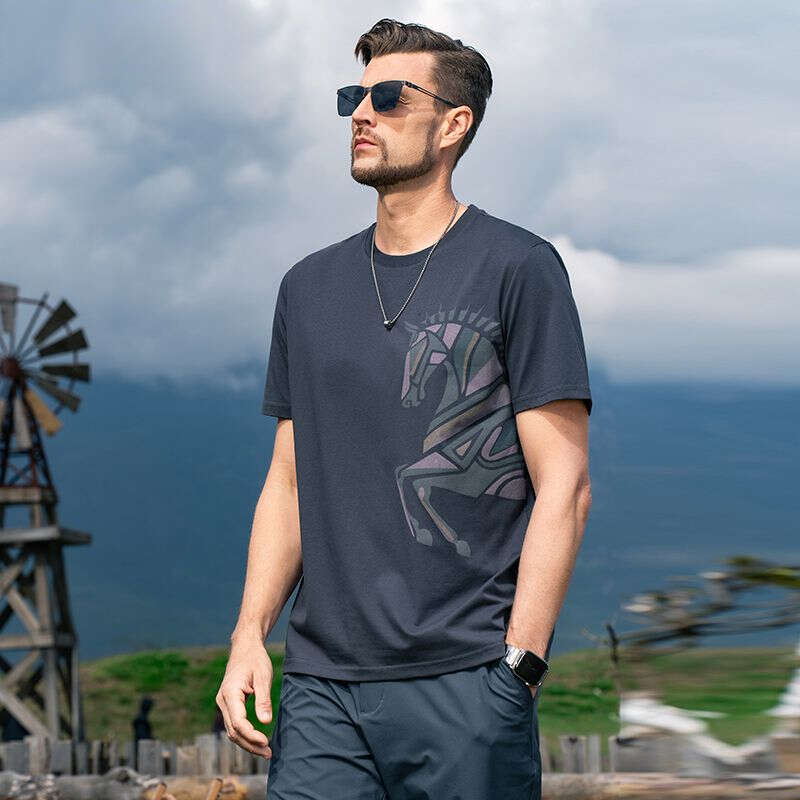 Ma Yue Qiancheng Yingjuelun Horse Year Print Cool Short-Sleeve T-Shirt Men, Breathable Ice Silk Cotton Top For Spring And Summer
