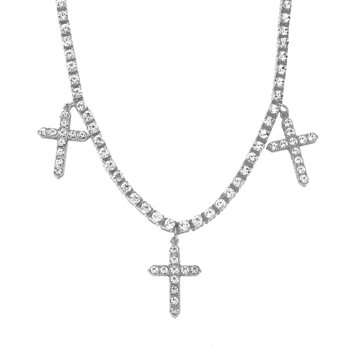 Full Diamond 3 Cross Dangle Tennis Chain Necklace Choker Hip Hop 18k Gold Plate Trendy Ins New In Iced Out Neck Accessory Crosses Pendant Collarbone C
