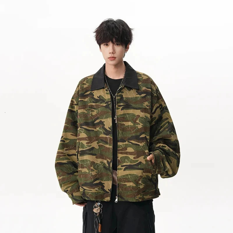 American Style Green Black Camouflage Lapel Mens Jacket Versatile Casual Zipper Coat 2026 Spring Male Clothing 260327