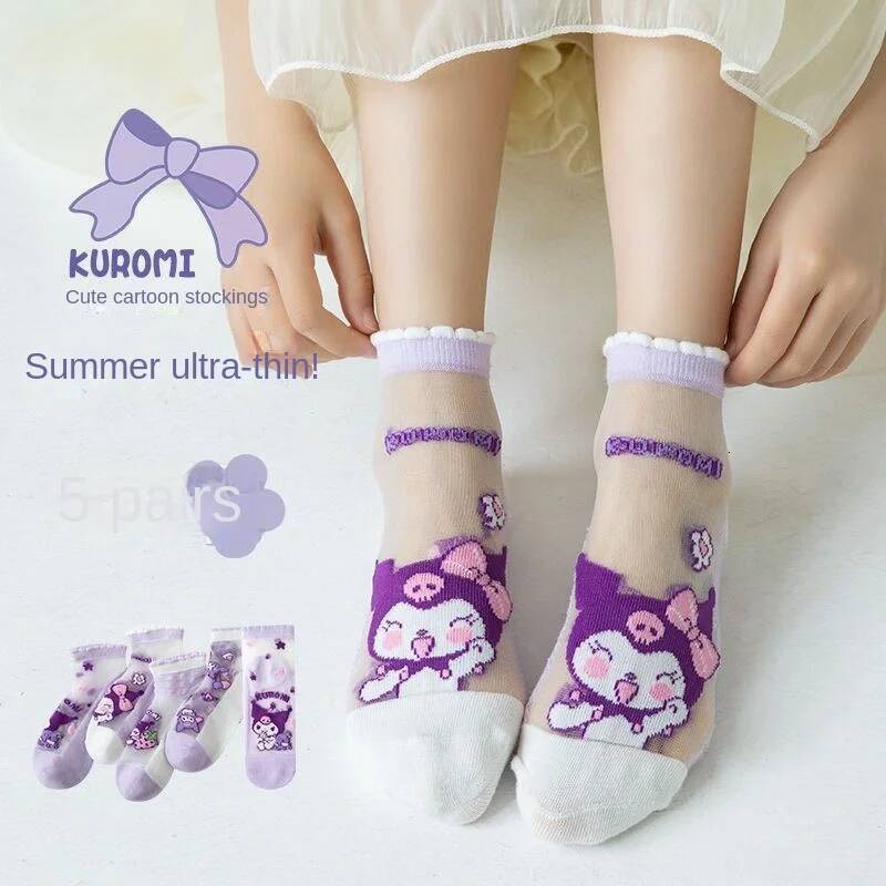 Designer Sanrio Kuromi Animationperipherals Summer Thin Children's Cotton Socks Crystal Stockings Pure Cotton Breathable New Girls' Socks