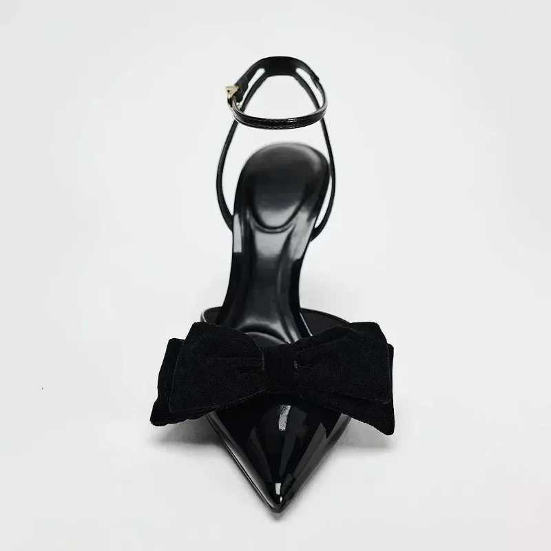 Elegant Black Bow Design Heels Women Sexy Pointed Toe Ankle Strap Buckle Thin Heel Sandal High Quality Patent Leather Dress Shoe Z260330