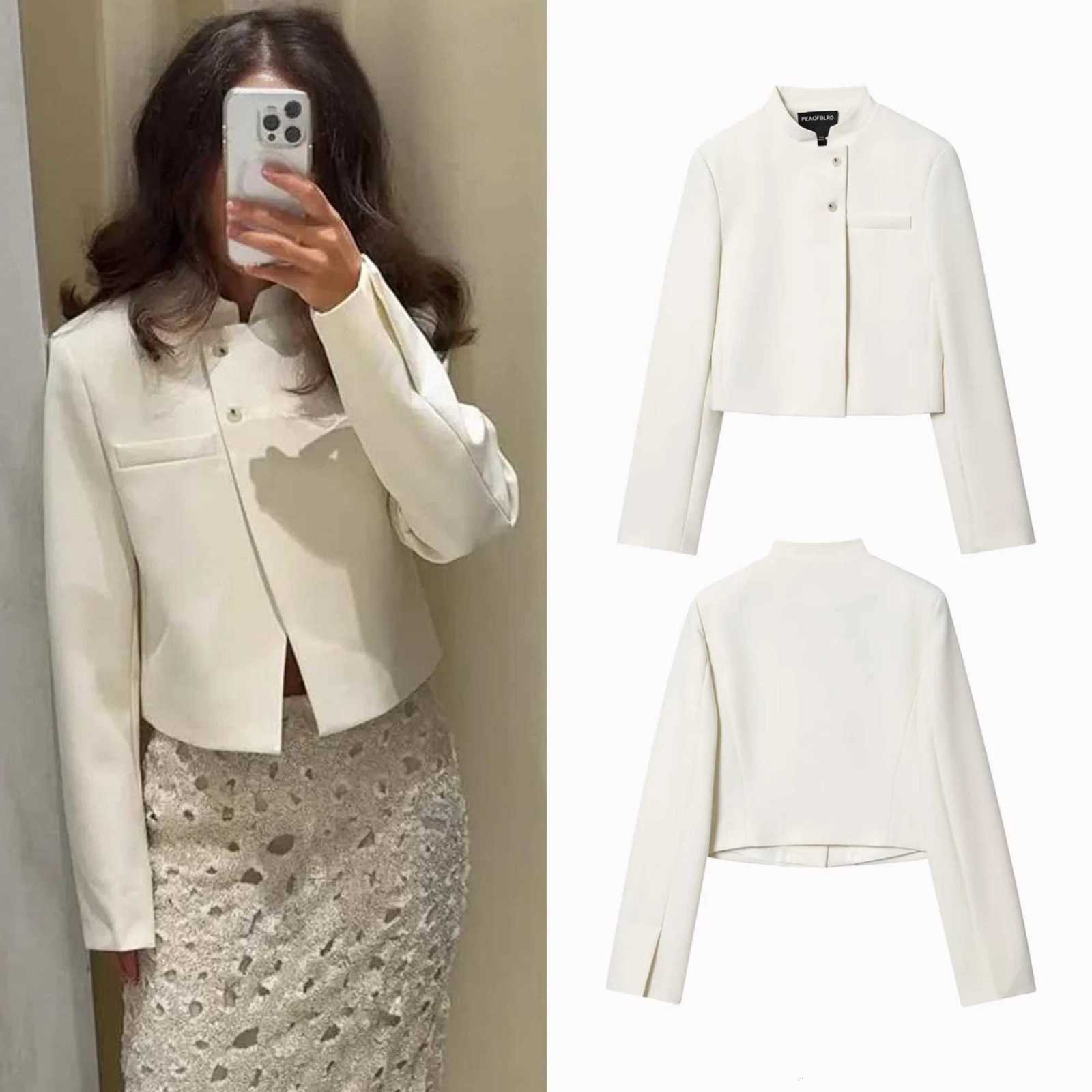 Women Short Jacket Coat Autumn Winter 2025 Elegant Simple LadyS White Blazers Jacket Single-Breasted Stand Collar Slim CoatsT260328