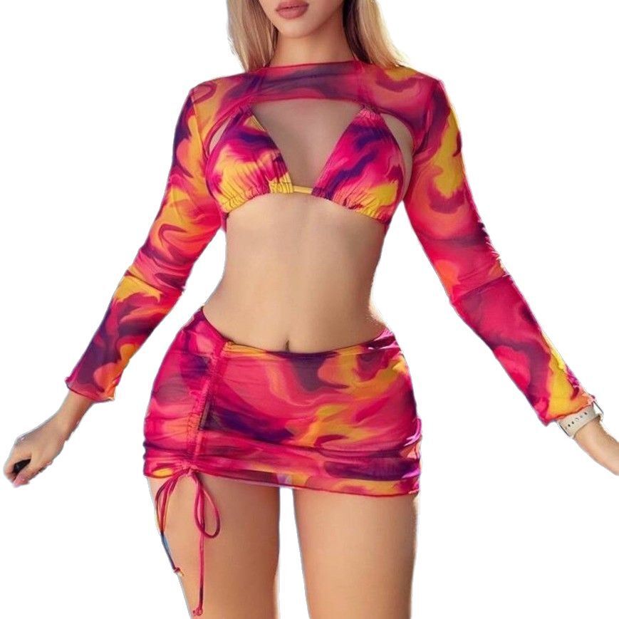 Free Shipping High Value In stock 2026new European and American style tie-dye printed four-piece bikini swimsuit, sexy women's swimwear