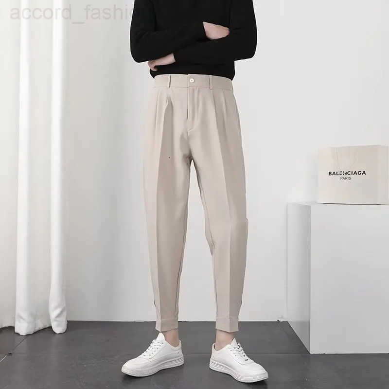 Fashion Men Casual Pants Elastic Waist Small Feet Slim Korean Style Pleated Tapered Male Blazer Pants Trousers Streetwear H260330