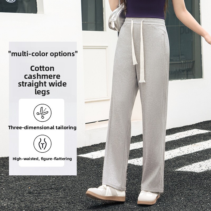 New slim-fit straight-leg pants for spring and summer, casual drawstring versatile wide-leg breathable women's long pants