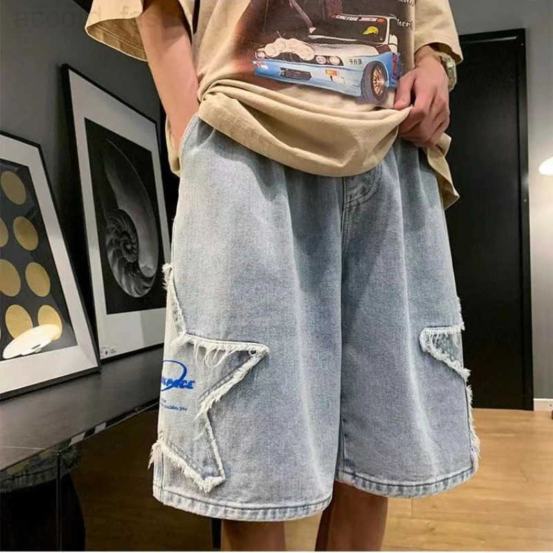 Five-pointed Star Embroidered Denim Shorts Mens Summer High Street Japanese Loose Retro Trendy Pants H260330