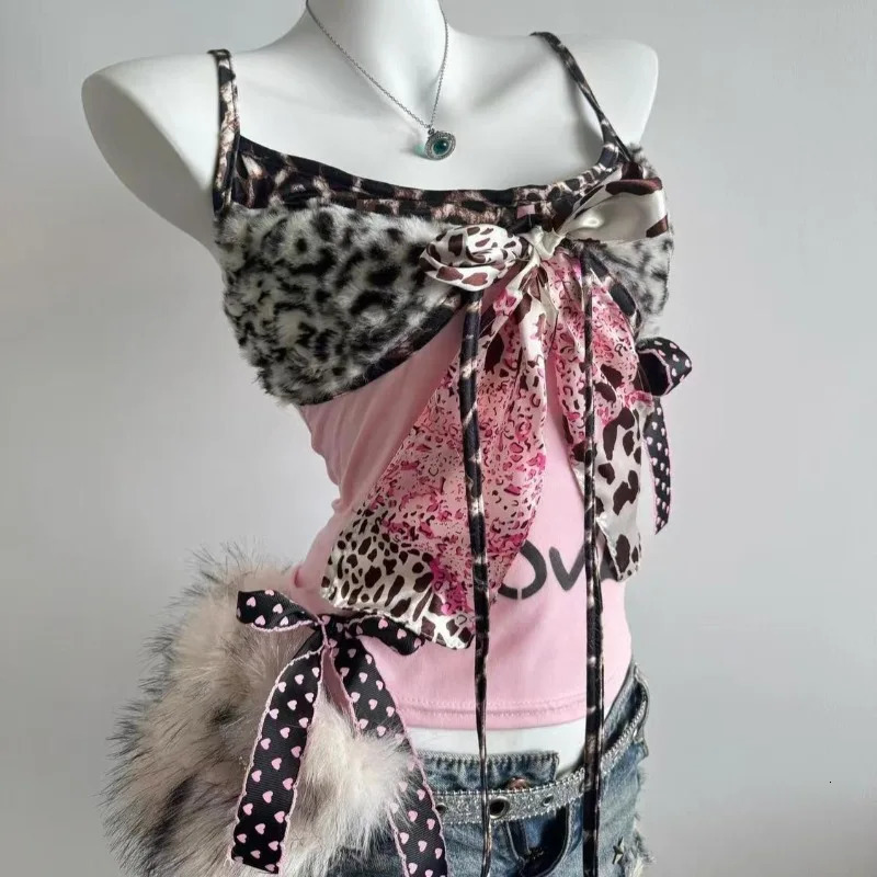 90s Harajuku Vintage Slim Camisole Subculture Leopard Patchwork Bow Halter Vest Y2K Aesthetic Letter Print Tanks Slim Women Tops 260327