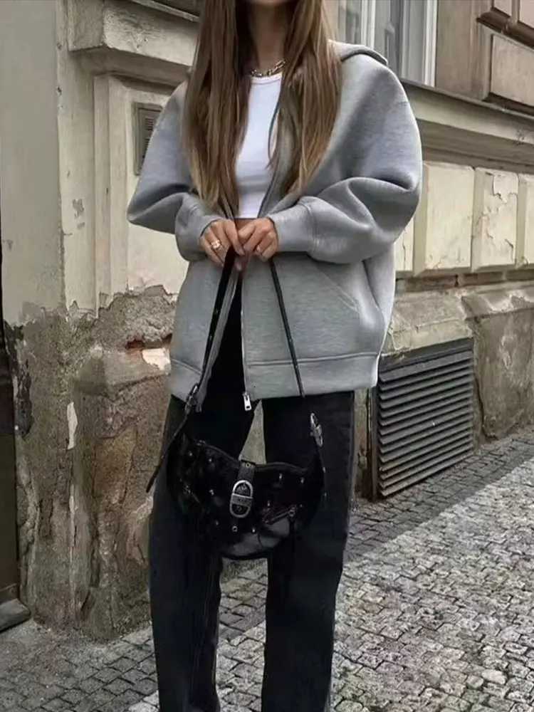 HH Autumn Winter Womens Zipper Hoodie Coat High Street Double Pockets Oversize Jakcet Loose Sweatshirts Outerwear TopT260328