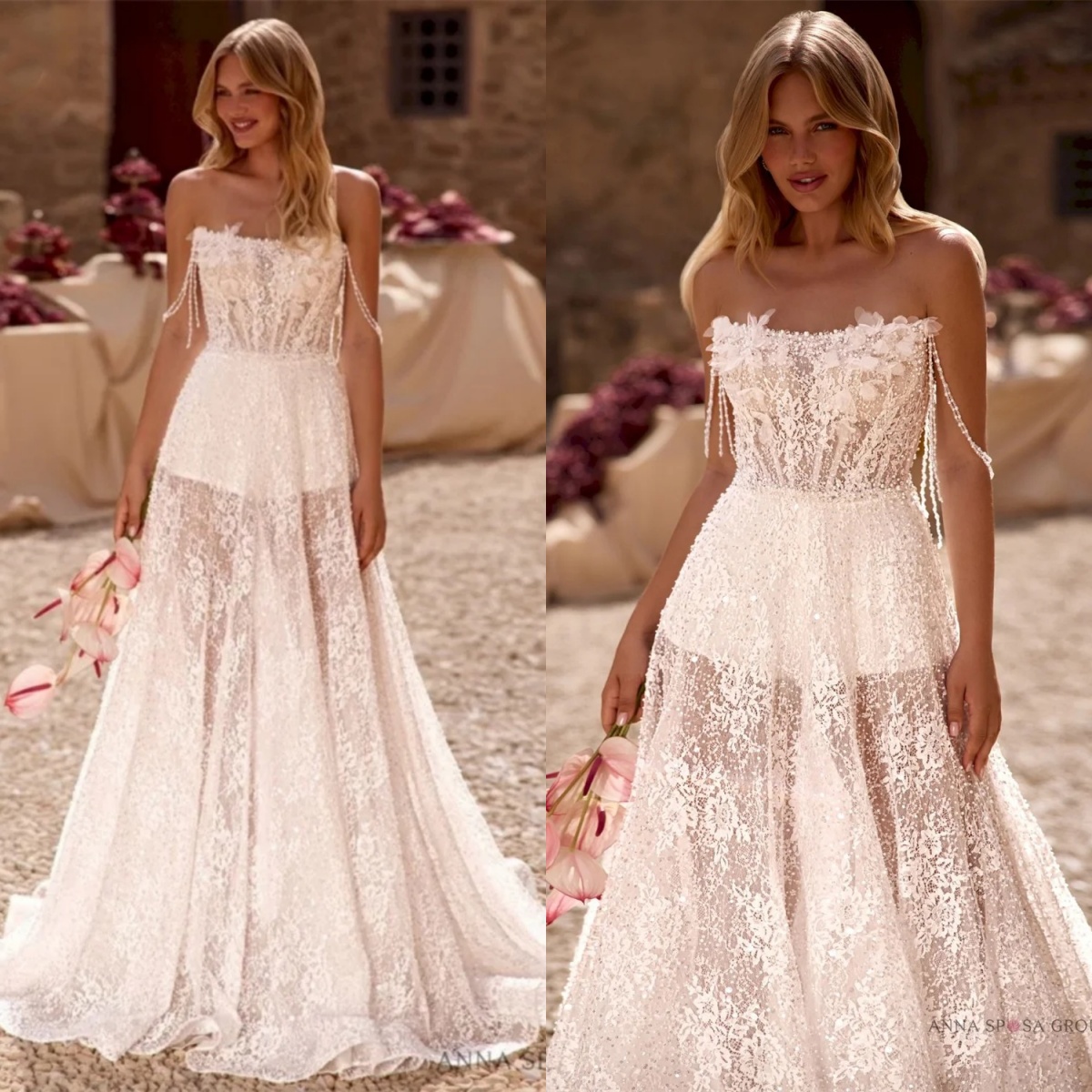 Elegant A Line Women Wedding Dress Strapless Sleeveless Bridal Gowns Beading Sequins Lace Sweep Train Dress Custom Made vestidos de novia