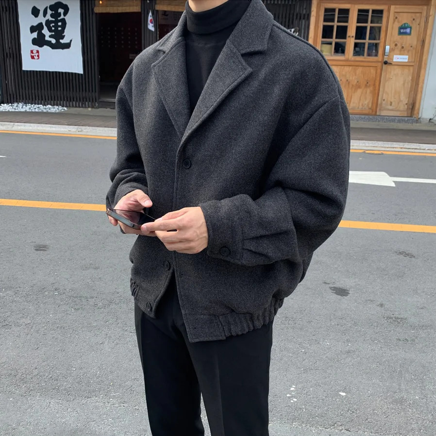 Loose Casual Mens Solid Color Jacket Fashion Daily Commuting Windproof Short Woolen Coat Thickened Warm 260327