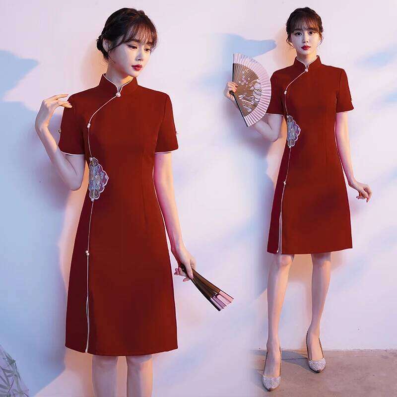 Traditional Chinese Red Black Apricot Embroidery Cheongsam Summer Short Sleeve Young Dress Modern Qipao New Year CNY MAKOUFEI