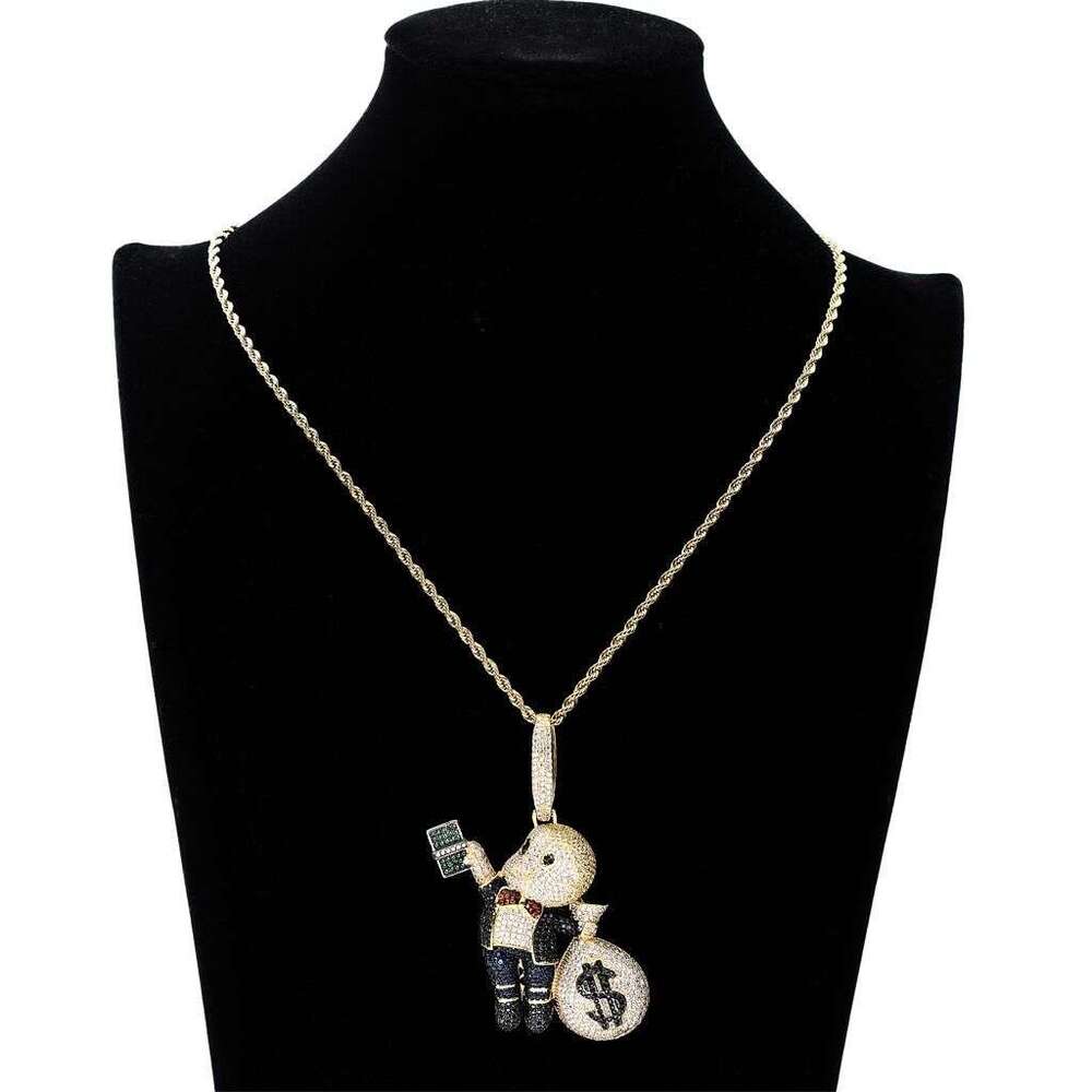 Trendy Necklace, Hip-Hop Style, Featuring Bald Boy Holding A US Dollar Bill, Micro-Inlaid With Zircon, Luxurious Street Style Pendant